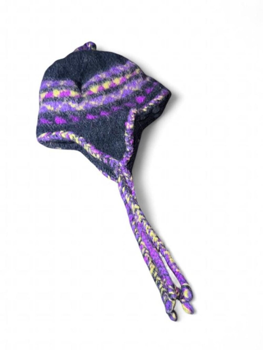 VINTAGE NEWARI ICELANDIC Design Wool Beanie Earflap Nepal Knit Lined Hat Purple